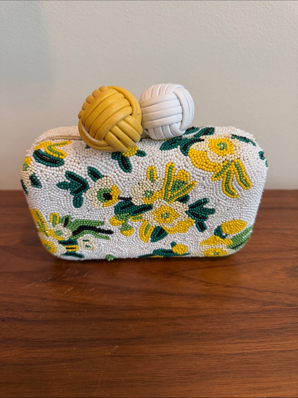 Sam Edelman Annabelle Beaded Floral Box Clutch in White, Yellow & Green